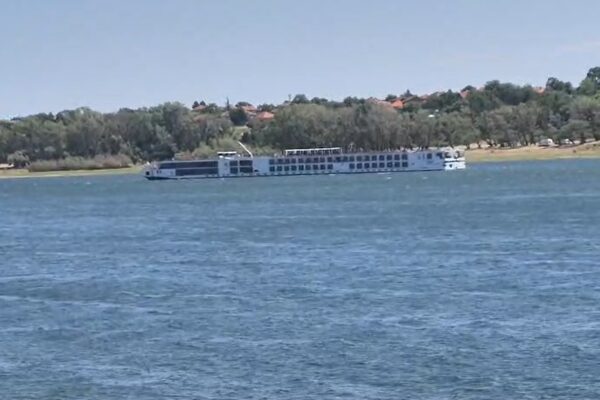 Navă de croazieră pe fluviu lângă mal împădurit