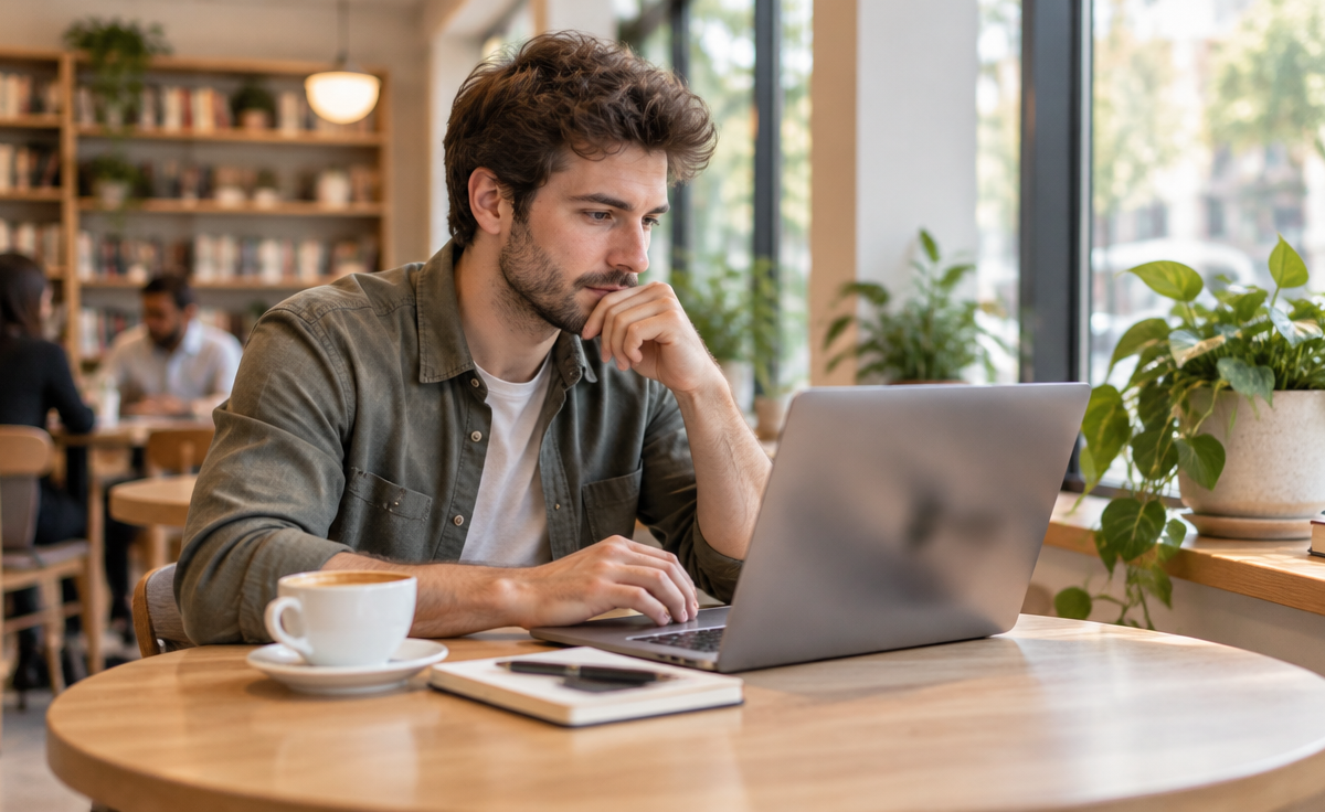 Antreprenor care citește pe laptop la o masă într-o cafenea luminoasă, cu un caiet alături