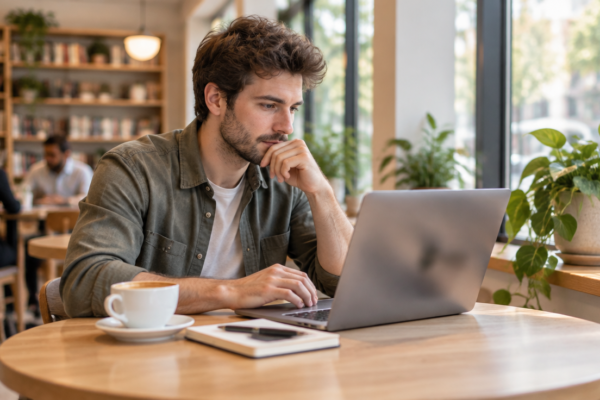 Antreprenor care citește pe laptop la o masă într-o cafenea luminoasă, cu un caiet alături