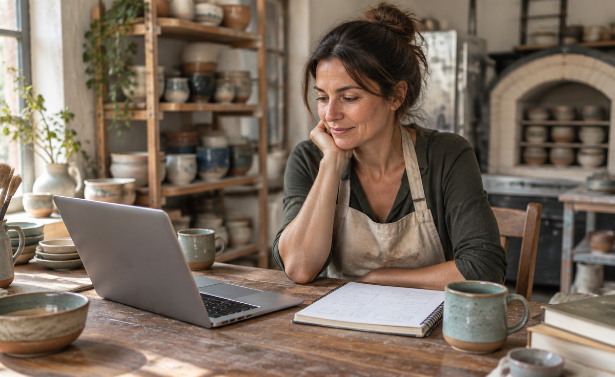 Antreprenoare într-un atelier de ceramică care își verifică încasările și plățile pe laptop, cu rafturi de vase în fundal