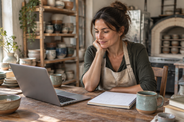 Antreprenoare într-un atelier de ceramică care își verifică încasările și plățile pe laptop, cu rafturi de vase în fundal
