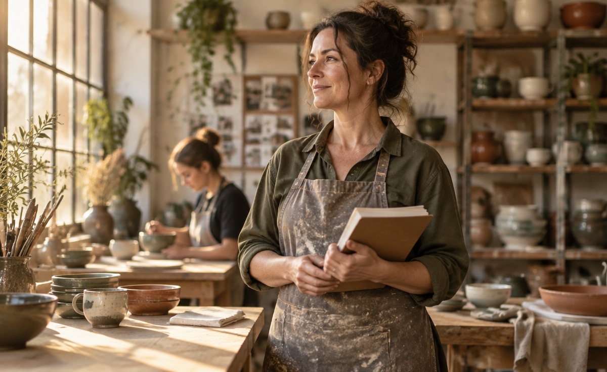 Antreprenoare într-un atelier de ceramică, concentrată, la masa de lucru, în lumină naturală de dimineață