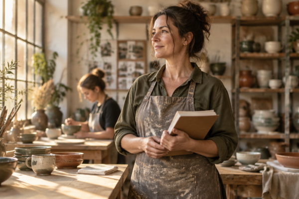 Antreprenoare într-un atelier de ceramică, concentrată, la masa de lucru, în lumină naturală de dimineață