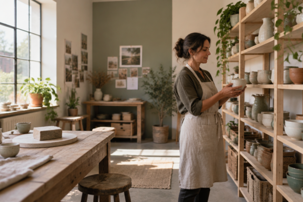 Antreprenoare într-un atelier luminos, cu rafturi de lemn ordonate și plante, lângă o fereastră mare